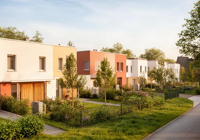 Fertiggestellte Reihenhäuser mit begrünten Vorgärten in einer Wohnsiedlung bei Duderstadt