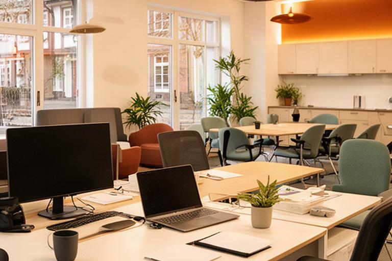 Modernes Büro eines IT-Start-ups in zentraler Lage von Duderstadt mit Arbeitsplätzen und Besprechungstisch