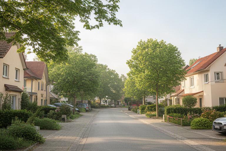 Ruhige Wohnstraße mit Einfamilienhäusern und Bäumen im Bereich Kolligsbrunnen